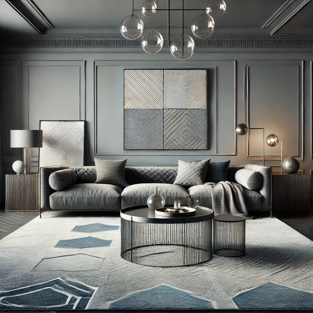 Współczesny salon z luksusowym, geometrycznym dywanem w subtelnych odcieniach niebieskiego i szarego, elegancka ciemnoszara sofa, minimalistyczny metalowy stolik kawowy, i wyrafinowane elementy dekoracyjne, takie jak minimalistyczne dzieła sztuki na ścianie i nowoczesne oświetlenie, tworzące elegancką i wyrafinowaną atmosferę.